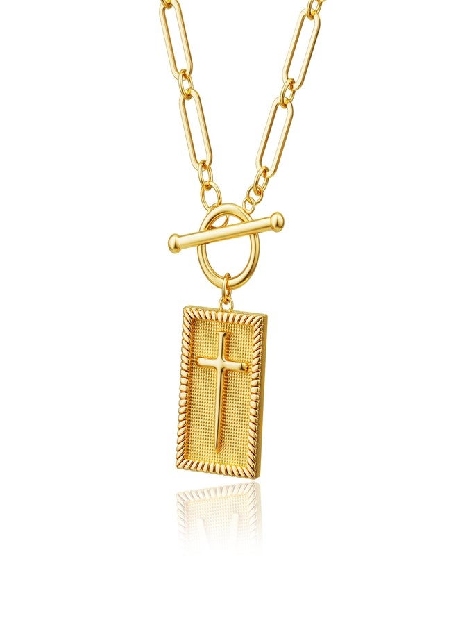 Moodear Cross Necklace for Women Trendy Dainty Chunky 14K Gold Plated Necklace Toggle Clasp Paperclip Chain Necklace Faith Religious Gold Jewelry Christian Gifts for Women - Image 1